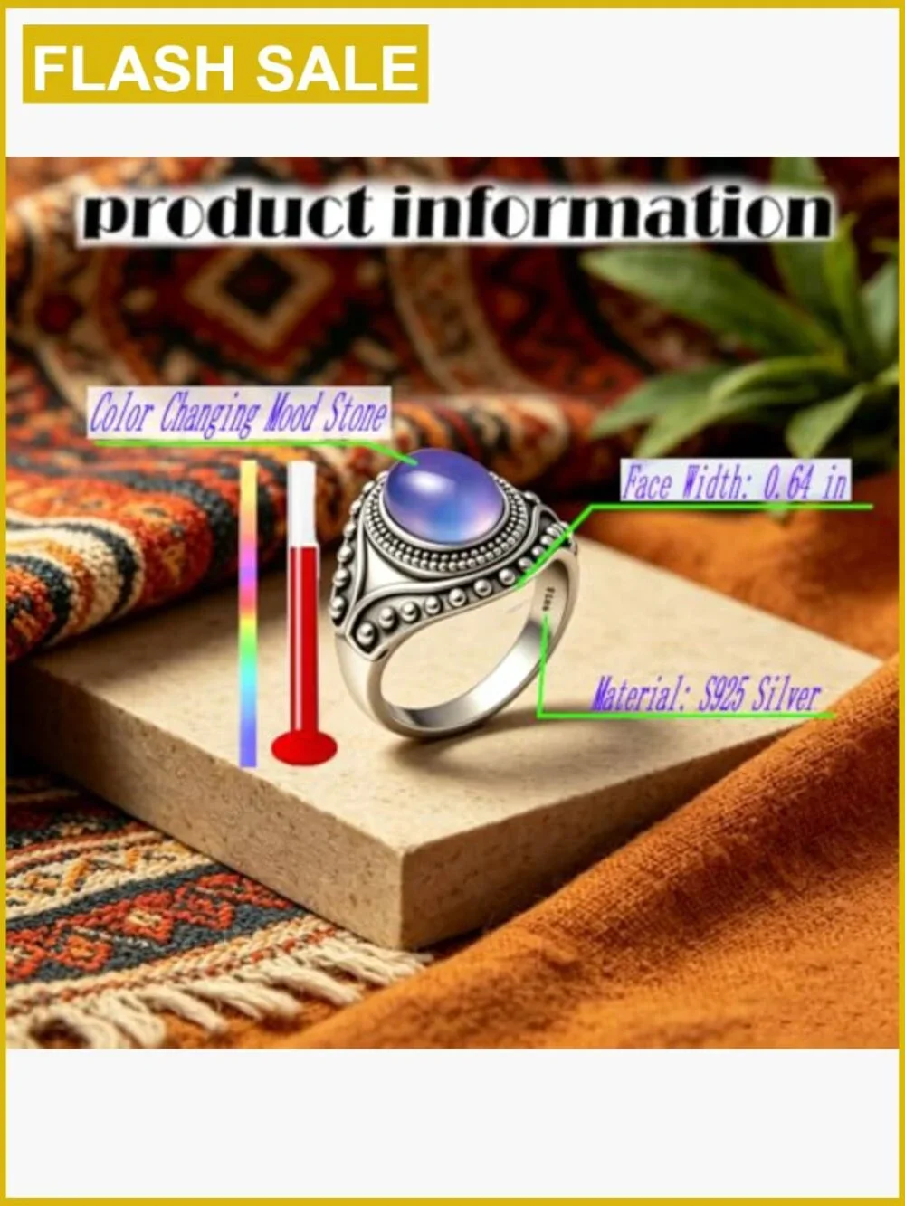 Vintage Evil Eye Mood Ring S925 Sterling Silver Color Changing Stone